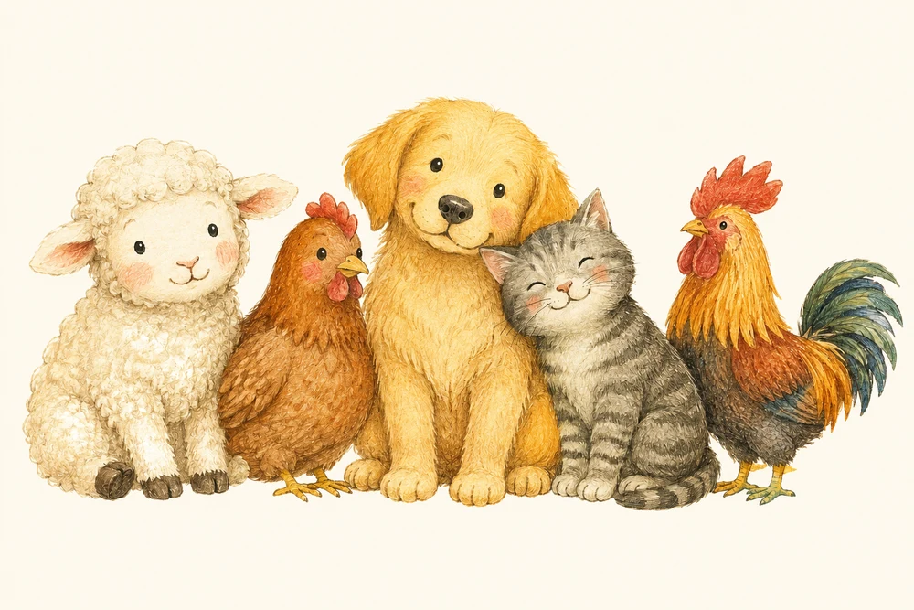 A hand-painted sheep, hen, golden dog, cuddly cat and rooster nestled together