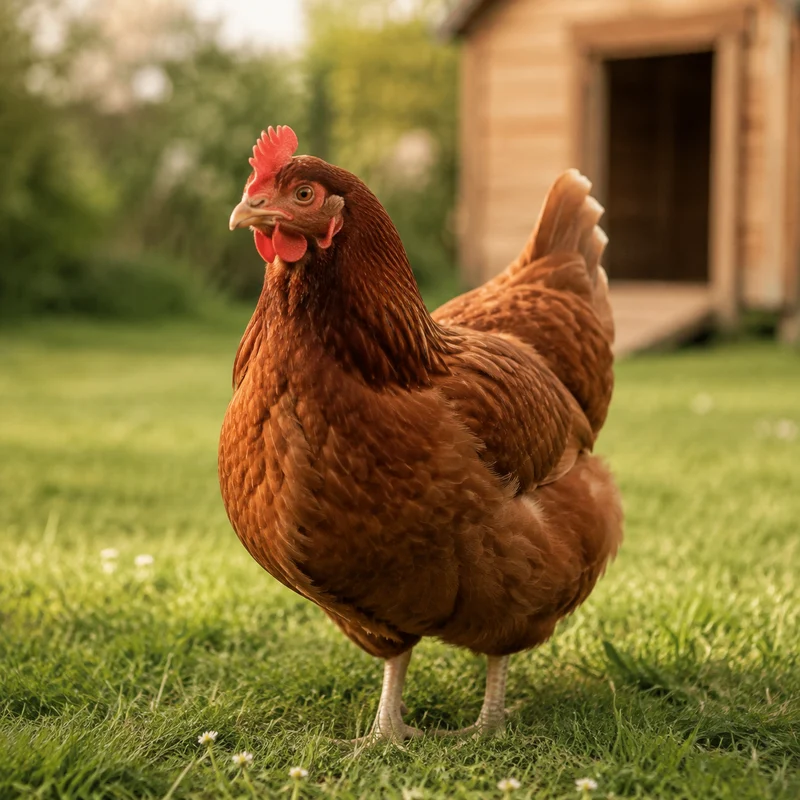 Hazel, a brown hen exploring the grass