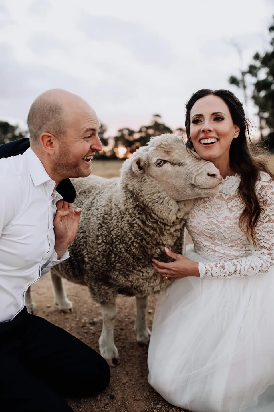 Kyle and Kelly leaning close to a sheep on their wedding day
